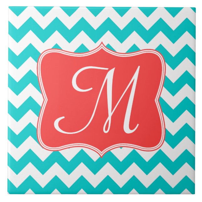 Modern Aqua Coral Chevron Monogram Display Tile (Front)