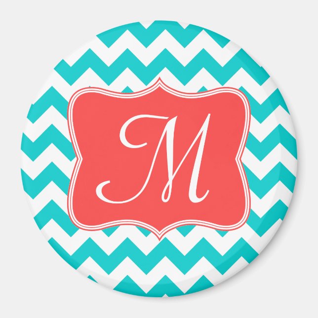 Modern Aqua Coral Chevron Monogram Initial Magnet (Front)
