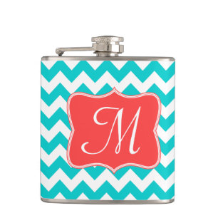 Modern Aqua Coral Chevron Monogram Whiskey Flask