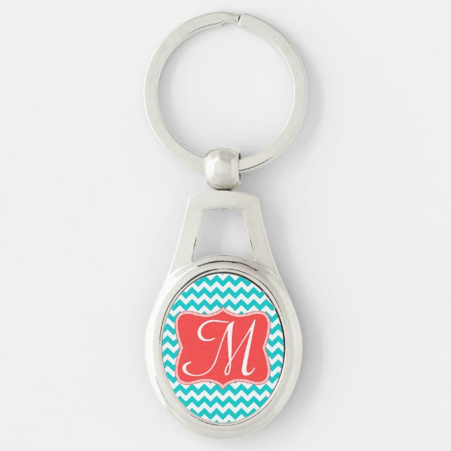 Modern Aqua Coral Chevron Zig Zag Stripe Key Chain (Front)