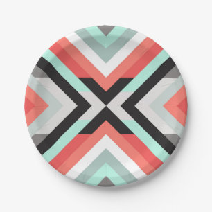 Modern Aqua Coral Geometric Colour Block Design Paper Plate