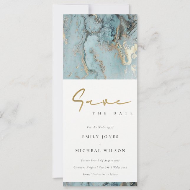 MODERN AQUA DUSKY BLUE GOLD AGATE SAVE THE DATE IN INVITATION (Front)