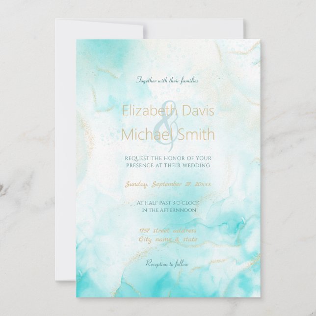 Modern Aqua Gold Alcohol Ink Art Watercolor Ocean Invitation (Front)