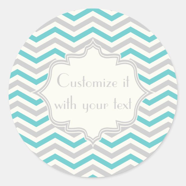 Modern aqua, gray, ivory chevron pattern classic round sticker (Front)