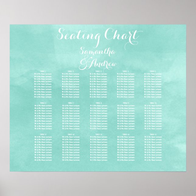 Modern aqua green watercolor table seating chart (Front)