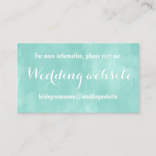 Modern aqua green watercolor wedding website enclosure card (Front)