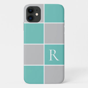Modern aqua, grey square colour block monogrammed iPhone 11 case