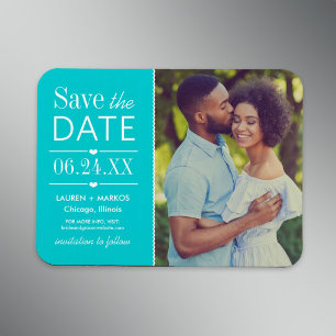Modern Aqua Hearts Wedding Photo Save the Date Magnet
