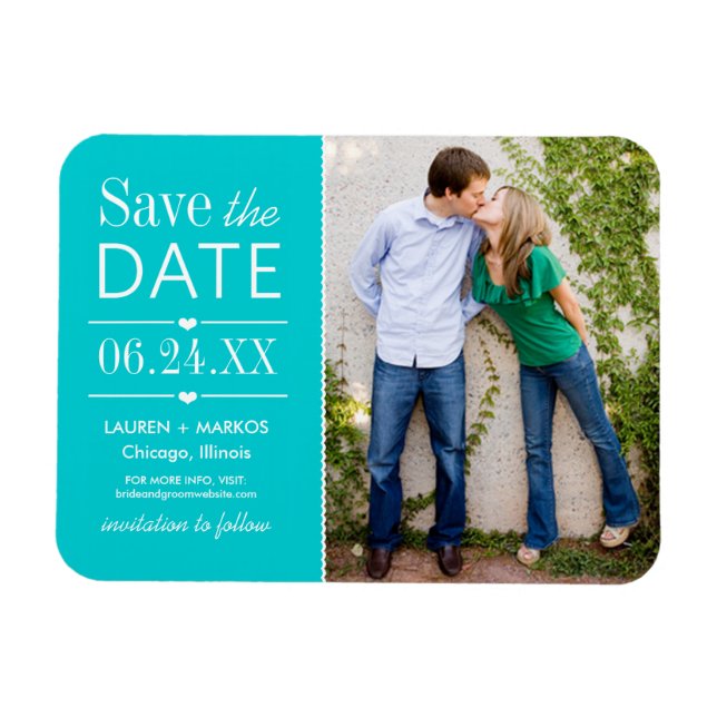 Modern Aqua Hearts Wedding Photo Save the Date Magnet (Horizontal)