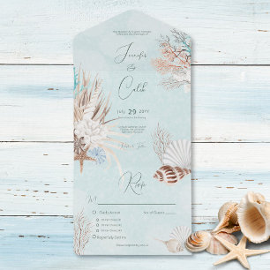 Modern Aqua Ocean & Shells Dinner All In One Invitation