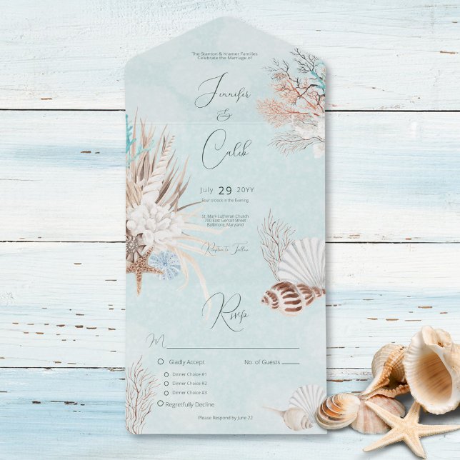 Modern Aqua Ocean & Shells Dinner All In One Invitation (Also available with a QR code or without dinner selection options.)