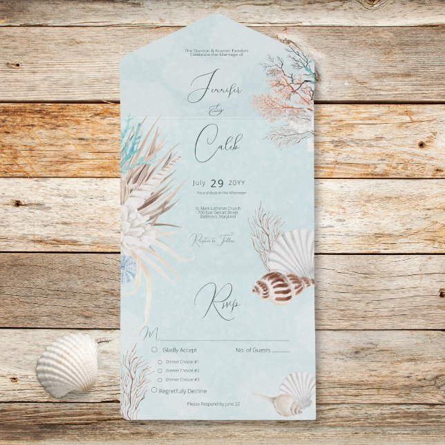 Modern Aqua Ocean Shells Dinner Wedding All In One Invitation (Modern Aqua Ocean Shells Dinner Wedding All In One Invitation)