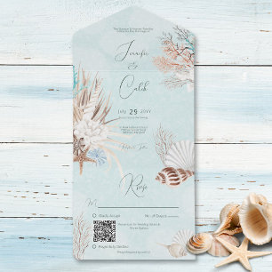 Modern Aqua Ocean & Shells QR Code All In One Invitation