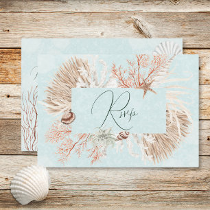 Modern Aqua Ocean Shells QR Code Wedding RSVP Card
