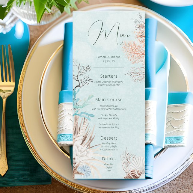 Modern Aqua Ocean & Shells Wedding Menu (Modern Aqua Ocean & Shells Wedding Menu)
