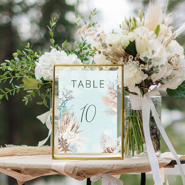 Modern Aqua Ocean & Shells Wedding Table Number (Modern Aqua Ocean & Seashells Table Number Card)