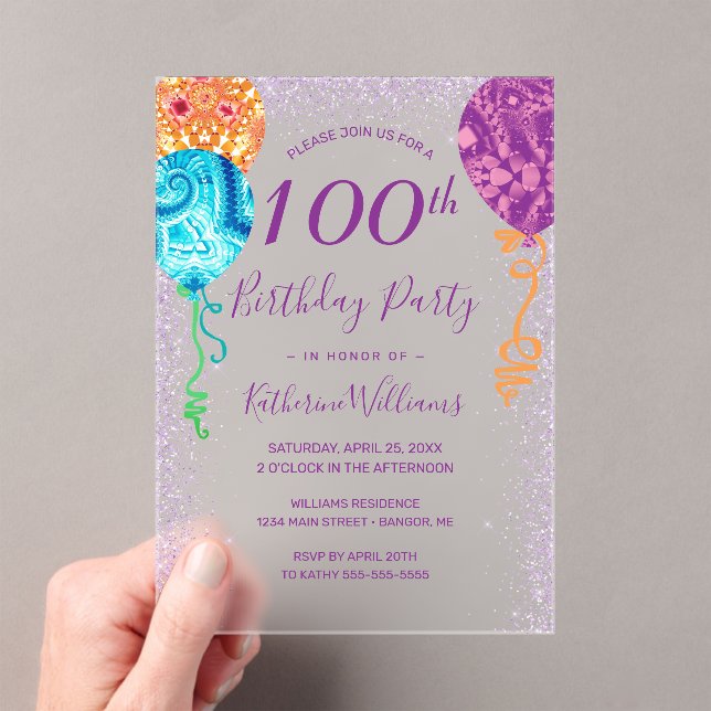 Modern Aqua Purple Balloons 100th Birthday Party Acrylic Invitations (Insitu (Handheld))