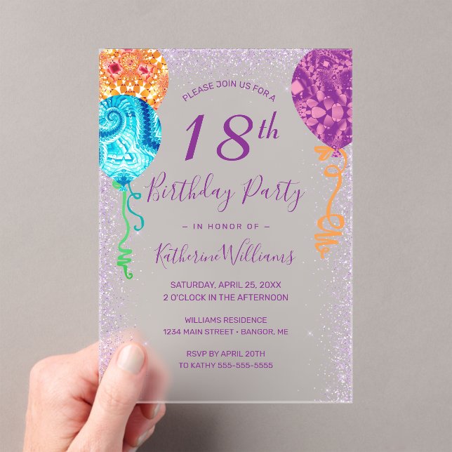 Modern Aqua Purple Balloons 18th Birthday Party Acrylic Invitations (Insitu (Handheld))