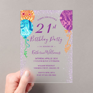 Modern Aqua Purple Balloons 21st Birthday Party Acrylic Invitations