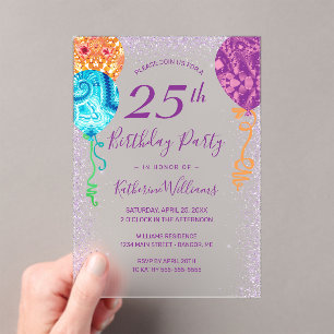 Modern Aqua Purple Balloons 25th Birthday Party Acrylic Invitations
