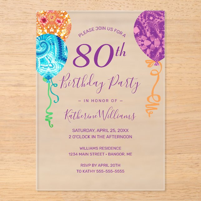 Modern Aqua Purple Balloons 80th Birthday Party Acrylic Invitations (Front)