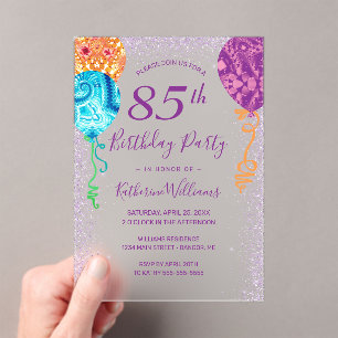 Modern Aqua Purple Balloons 85th Birthday Party Acrylic Invitations