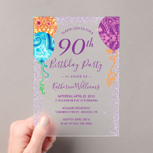 Modern Aqua Purple Balloons 90th Birthday Party Acrylic Invitations