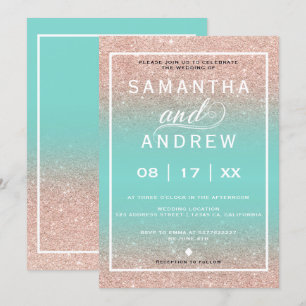 Modern Aqua rose gold typography wedding Invitation