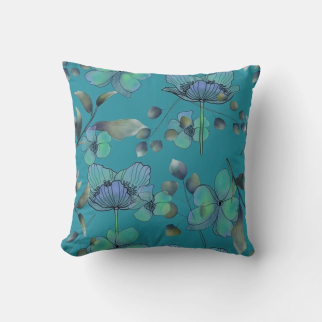 Modern aqua teal blue floral abstract watercolor cushion (Front)