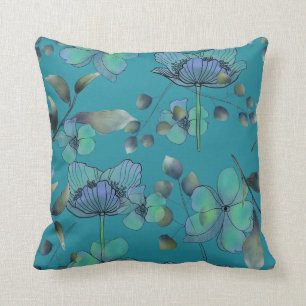 Modern aqua teal blue floral abstract watercolor cushion
