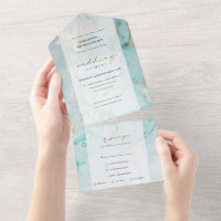 MODERN AQUA TEAL BLUE GOLD AGATE ABSTRACT WEDDING