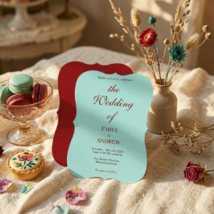 Modern Aqua Teal & Deep Burgundy Wedding Invitation