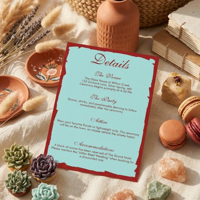 Modern Aqua Teal & Deep Red Wedding Details Enclosure Card (Creator Uploaded)