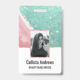 Modern Aqua Teal Pink Glitter Watercolor Beach ID Badge