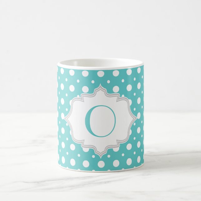 Modern aqua, white polka dot pattern monogram coffee mug (Center)