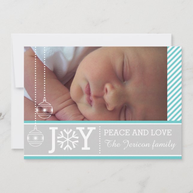 Modern aqua, white stripes grey Christmas holiday Card (Front)