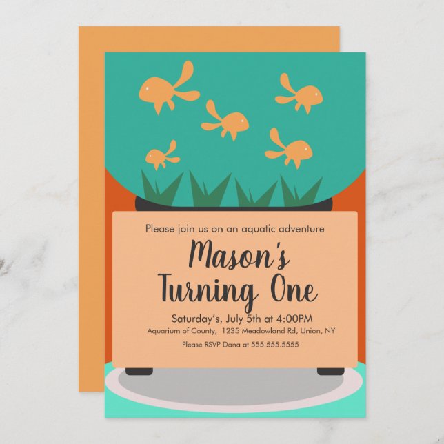 Modern Aquarium Gold Fish Tank Birthday Invitation (Front/Back)