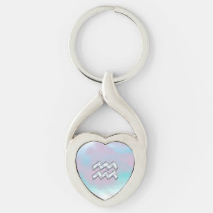 Modern Aquarius Sign on Mother of Pearl Style Key Ring