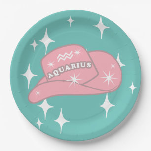 Modern Aquarius Zodiac Cowgirl Hat Teal Party   Paper Plate