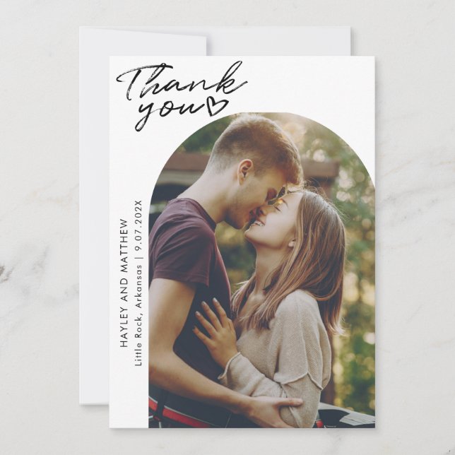 Modern Arch 2 Photos Elegant Wedding Thank You Card (Front)