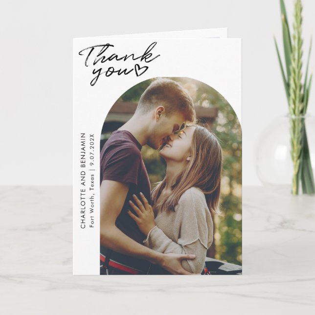 Modern Arch 2 Photos Hand-Lettered Wedding Thank You Card (Front)