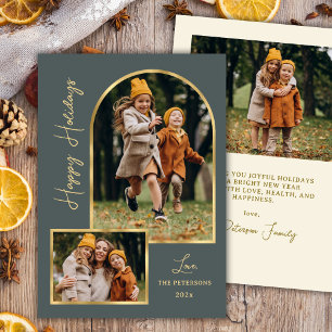 Modern Arch 3 Photo Green Happy Holiday Card 