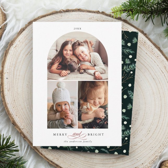 Modern Arch 3 Photo Merry & Bright Holiday Card (Creator Uploaded)