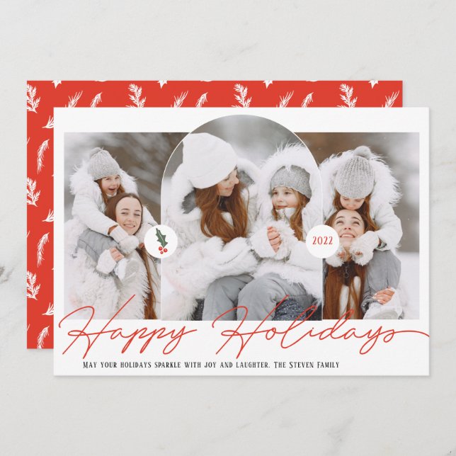 modern arch 3 photos red script happy holiday card (Front/Back)