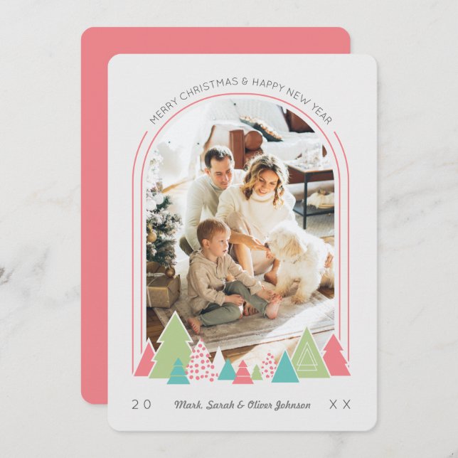 Modern Arch and Colourful Tree Photo Christmas Car Invitation (Front/Back)