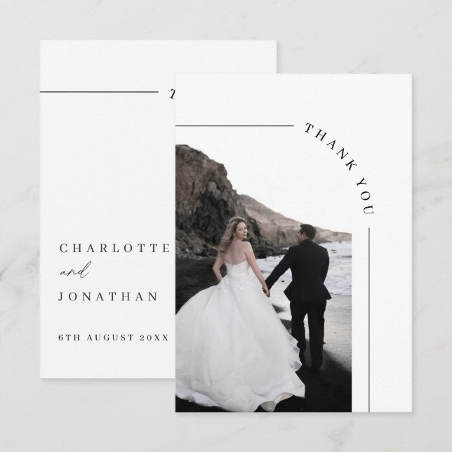 Modern Arch Black and White Photo Wedding Thank You Card (Front/Back)