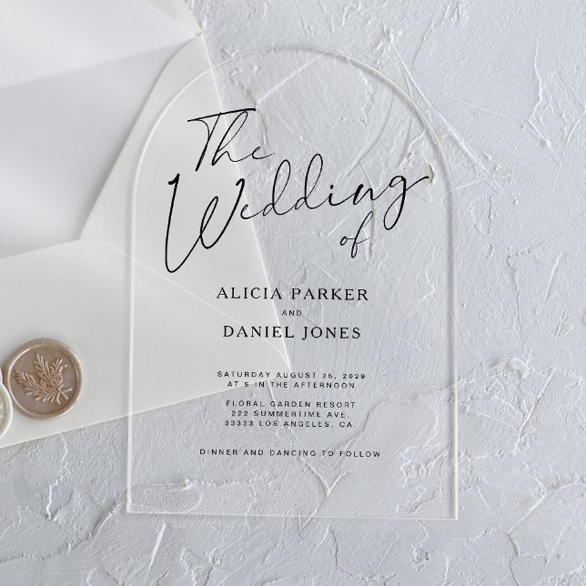 Modern arch black calligraphy script wedding  acrylic invitations (Creator Uploaded)