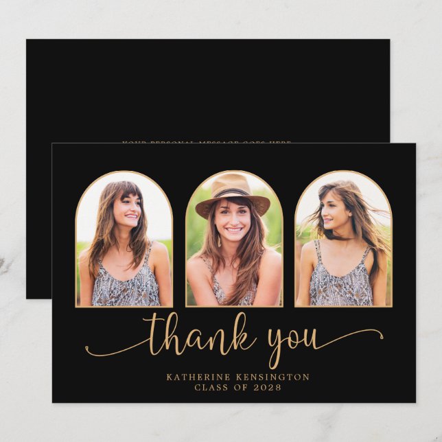 Modern Arch Black Gold 3 Photo Graduation Thank You Card (Front/Back)
