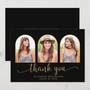 Modern Arch Black Gold 3 Photo Graduation Thank You Card