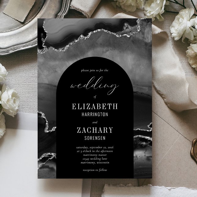 Modern Arch Black Silver Agate Wedding Invitation (Creator Uploaded)